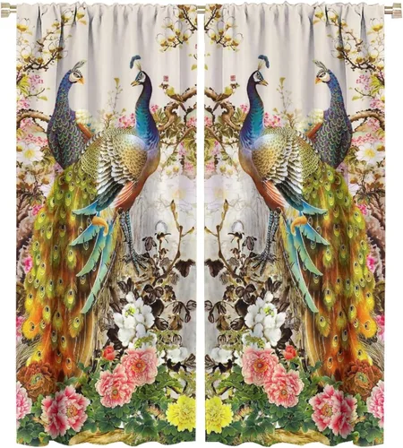 Miniatura 49 de Cortina opaca con estampado de pavo real, con estampado de animales retro, con bolsillo para cortinero y flores de peonía doradas, para dormitorio