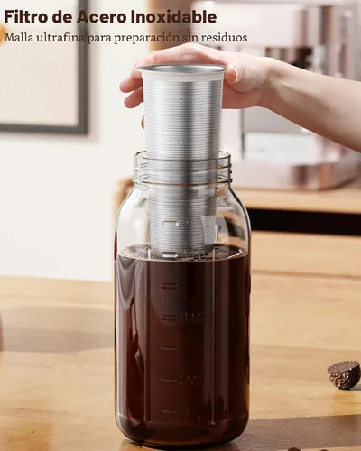 Miniatura 4 de Cafetera de Café Frío de 64oz, Cafetera para Café Helado con Filtro de Acero Inoxidable 304, Jarra Mason con Tapa y Caño (Negro)