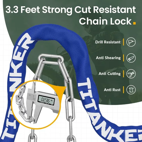 Miniatura 2 de Titanker Cerradura de cadena para bicicleta con llaves, cerradura de cadena de bicicleta antirrobo de seguridad de 3.3 pies, resistente para Cadena