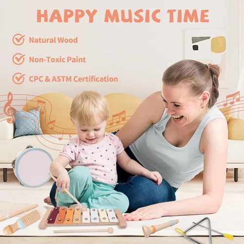 Miniatura 9 de Juego de instrumentos musicales para bebés, juguetes musicales Montessori de madera para bebés de 18 meses, instrumentos de percusión para niños