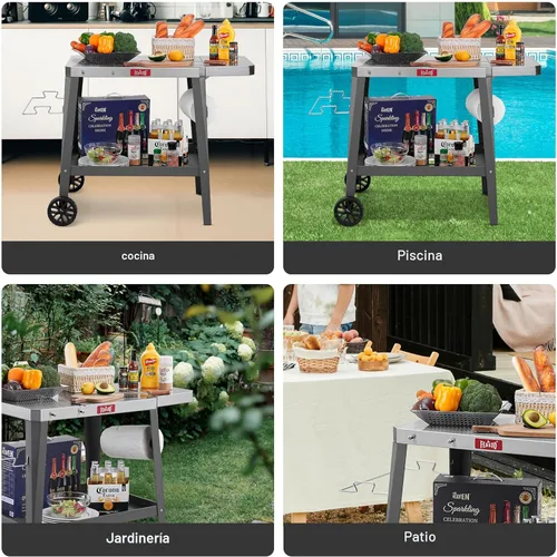 Miniatura 7 de Feasto Carro de Parrilla al Aire Libre, Mesa con Horno de Pizza con Ruedas, Encimera de Acero Inoxidable con Mesa Extensible Plegable, Carro de Negro