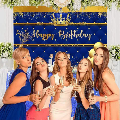 Miniatura 2 de InMemory Telón de fondo de cumpleaños azul real y dorado para hombres, corona dorada, globos de champán, fondo de feliz cumpleaños, para niños