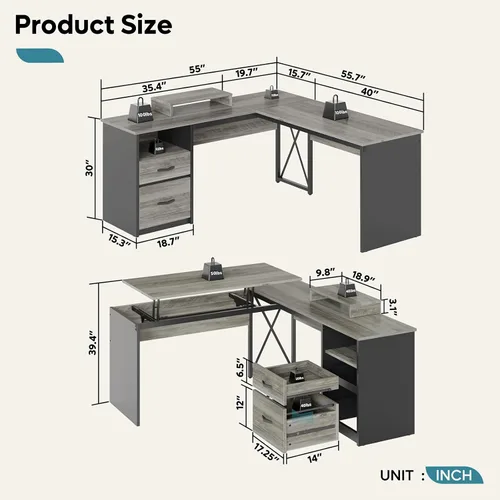 Miniatura 2 de Bestier Escritorio de pie en forma de L con parte superior elevadora, escritorio esquinero de pie de 55 x 55 pulgadas para oficina en casa