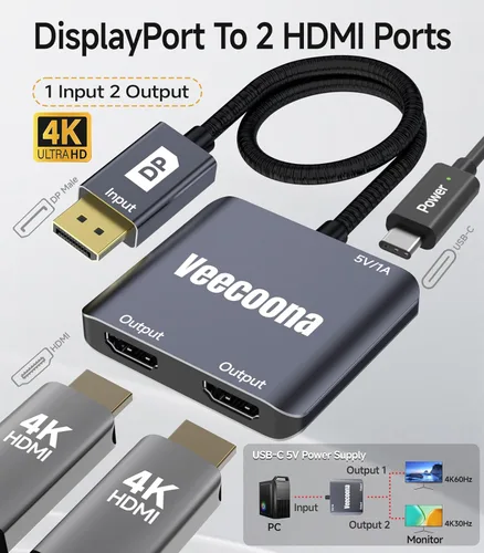 Miniatura 2 de Adaptador DisplayPort a Dual HDMI 1 entrada y 2 salidas 4K60Hz, divisor de puerto de pantalla extendida de DP a HDMI para monitores duales