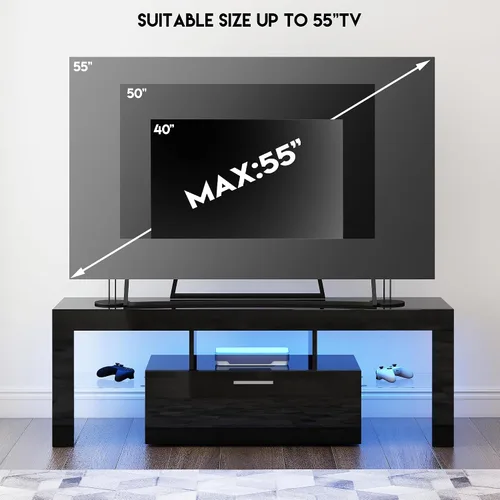 Miniatura 6 de Moderno soporte de TV negro para TV de 32/40/50/55+ pulgadas, consola de TV centro de entretenimiento, soporte de mesa de TV LED con almacenamiento