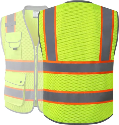 Miniatura 5 de JKSafety Chaleco de seguridad de alta visibilidad con 9 bolsillos, tela de malla transpirable, cuello acolchado, equipo utilitario de trabajo, PPE
