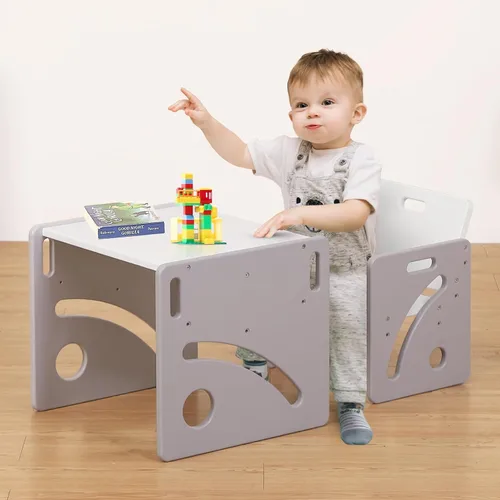FUNLIO Juego de mesa y silla ajustable para niños de 1 a 3 años, Juego de mesa y silla de madera maciza Montessori de calidad, Juego de mesa y silla