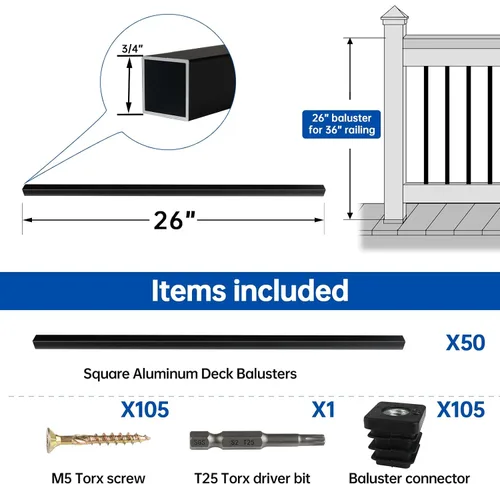 Miniatura 2 de Muzata 50 paquetes de balaustres de aluminio de 26" x 3/4" para cubierta, balaustres cuadrados para barandilla de cubierta, espigas huecas negras