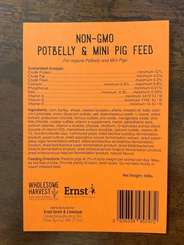 Miniatura 2 de Alimento para potbelly y mini cerdo sin OMG, 12% de proteína para cerdos maduros, fortificado con vitaminas A, D, E, minerales y algas, bolsa de 40