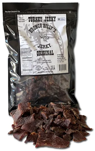 Miniatura 19 de Bolsa resellable de media libra de carne de res con sabor a bourbon Bronco Billy's Beef Jerky