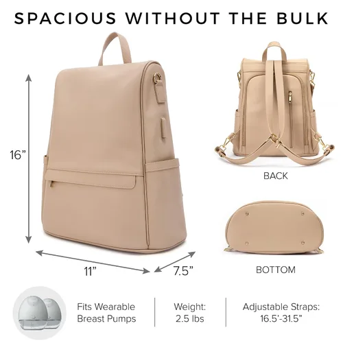 Miniatura 7 de MIA + SOPHIA Mochila de cuero para pañales con puerto de carga USB, cambiador, correas para cochecito y portabotellas (Marrón Mia)