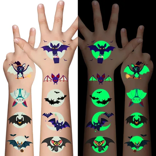 Awinmay Tatuajes temporales de murciélago luminoso de Halloween para niños, 10 hojas que brillan en la oscuridad, tatuajes con temática de