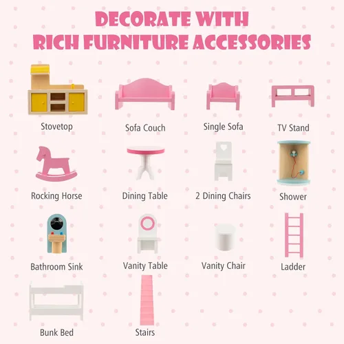Miniatura 5 de HONEY JOY Casa de Muñecas Rosa, Casa de Muñecas de Madera para Niños con Balcón y Escaleras, 15 Piezas de Accesorios y Muebles Incluidos, Juguete