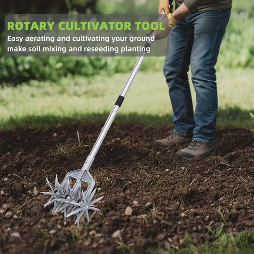 Miniatura 3 de Cultivador giratorio, herramienta de jardín ajustable con púas de metal sólido desmontables para aflojar y mezclar tierra, cultivador de jardín