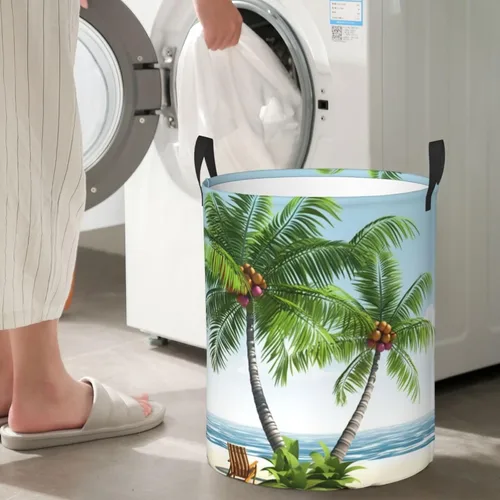 Miniatura 7 de Tropical Palm Tree print Circular Hamper Waterproof Storage Bin Organizer Basket Laundry Hamper With Handles For Clothes Toys Small