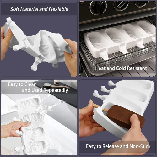Miniatura 4 de Sakolla 2 paquetes de moldes de silicona para paletas, moldes de helado de diamante de 4 cavidades con 50 palos de madera para paletas de hielo