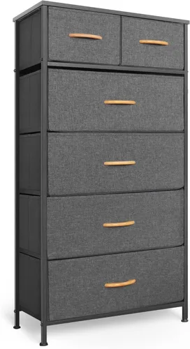 Mifuro - Cómoda alta para dormitorio, torre organizadora vertical de almacenamiento con 6 cajones, cómoda con contenedores de tela, marco de acero,