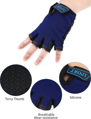 Miniatura 4 de Boao 3 pares de guantes de medio dedo para niños guantes de deporte antideslizantes de gel para niños Ciclismo de montar en bicicleta, azul, gris
