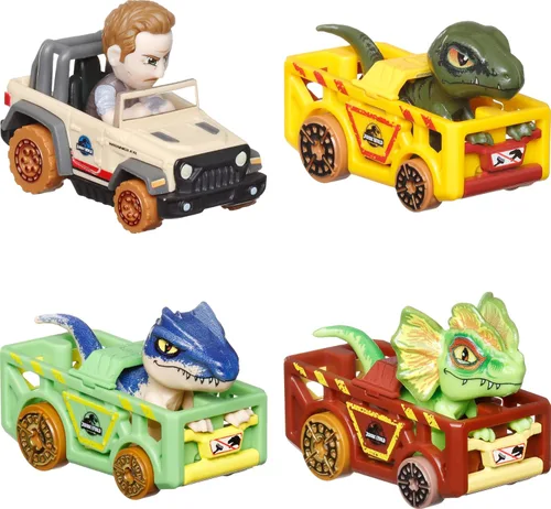 Miniatura 3 de Hot Wheels - Autos de juguete fundidos a presión, paquete de 4 vehículos RacerVerse con personajes de Jurassic World Charlie, Owen, Dilophosaurus