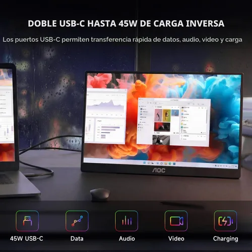 Miniatura 4 de AOC Monitor portátil de 15.6 pulgadas FHD 1080P IPS 125% sRGB, monitor de viaje USB-C HDMI para laptop, segunda pantalla externa ultra delgada