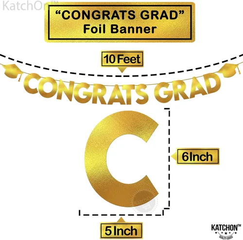 Miniatura 4 de KatchOn, Banner de graduación de felicitaciones doradas y negras con purpurina, 10 pies, pancarta de graduación dorada y negra, guirnalda de gorra