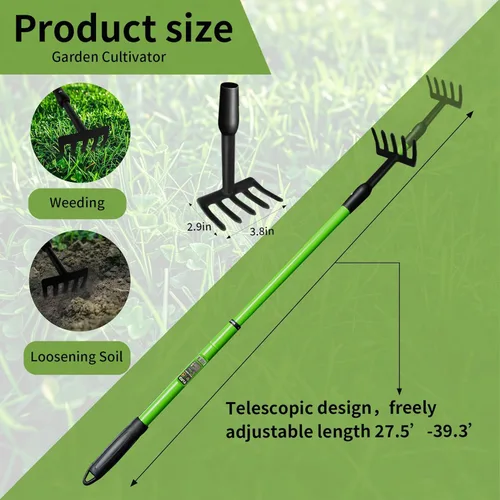 Miniatura 2 de Rastrillo de jardín con mango telescópico (27-39 pulgadas) ajustable, rastrillo de mano pequeño de mango largo para jardinería, macizos de flores