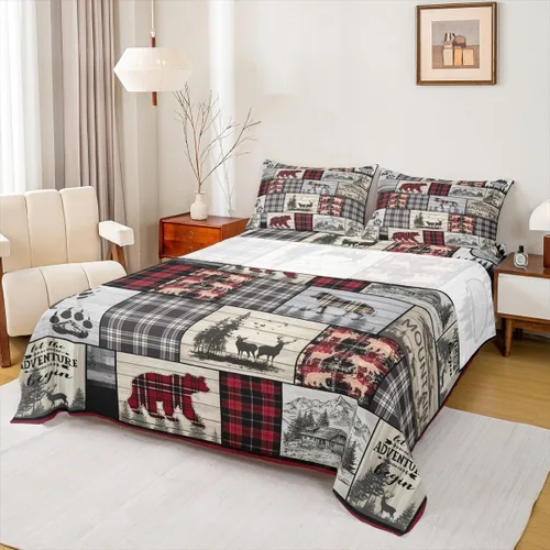 Miniatura 10 de Rustic Lodge - Juego de sábanas tamaño individual con diseño de oso y alce, diseño de retazos, color rojo y negro, a cuadros, ropa de cama de Multi