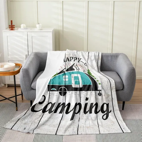 Miniatura 19 de jejeloiu Manta de cama de campamento para todas las estaciones, manta de franela de vellón con temática de campamento feliz, manta peluda de madera