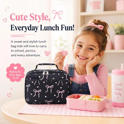 Miniatura 3 de LEDAOU Lunch Box Kids Boys Girls Cute Insulated Lunch Box Reusable Lunch Bag Meals Tote Lunchbox for School Picnic Travel (Bow Tie Black)
