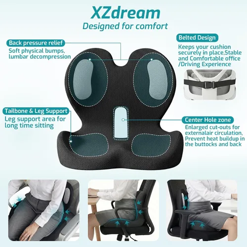Miniatura 3 de Cojín de asiento, cojín para silla de oficina con almohada de apoyo lumbar, diseño ergonómico para sentarse prolongadamente, ciática, alivio