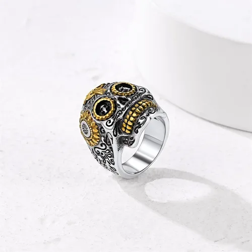 Miniatura 9 de Anillos de calavera de azúcar para hombres y mujeres, acero inoxidable de dos tonos, anillo de motociclista para hombre, joyería de Halloween