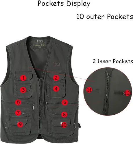 Miniatura 5 de Chaleco de pesca para hombre con múltiples bolsillos, sin mangas, chaleco de caza, safari, viajes, al aire libre, chaleco casual