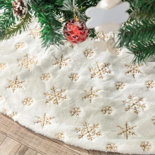 Miniatura 20 de Faldones de Felpa para Árbol de Navidad, 24 pulgadas, Lujosa Cubierta de Base de Árbol de Navidad de Piel Sintética Negra con Copos de Nieve Dorados