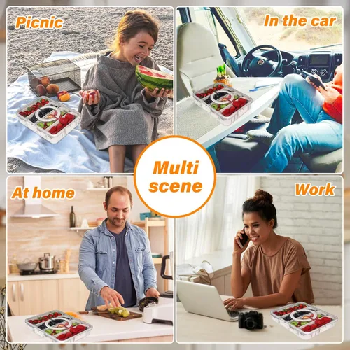 Miniatura 7 de Contenedores portátiles de almacenamiento de frutas para refrigerador, contenedor de caja de aperitivos de 4 compartimentos, bandeja dividida sin