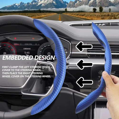 Miniatura 5 de 2 fundas de volante de fibra de carbono de ajuste universal, antideslizante, protector de volante segmentado, accesorios interiores de automóvil Azul