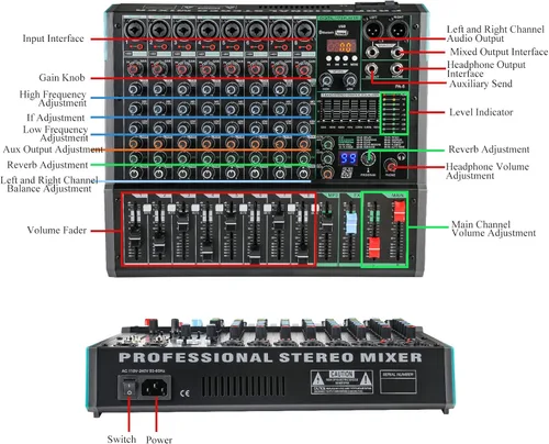 Miniatura 3 de Mezclador de DJ de 8 canales, mesa de DJ para sistemas de escenario PA con 99 tipos de efectos digitales DPS, efecto eco+retardo, entrada