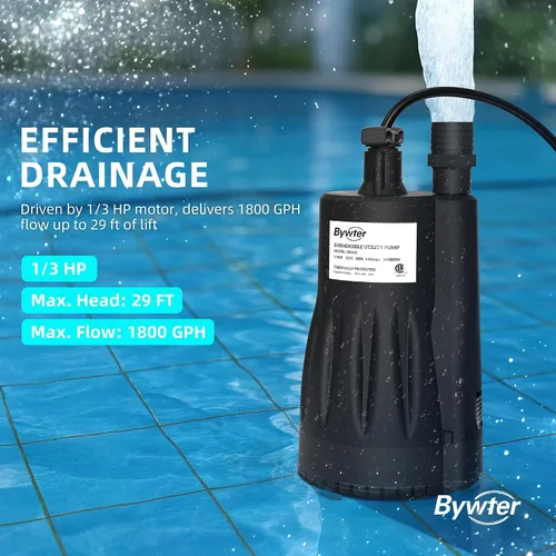 Miniatura 6 de Bomba de agua sumergible de 1/3 HP, bomba de sumidero de 1800 GPH con carcasa termoplástica, bomba de agua eléctrica portátil de 115 V con cable