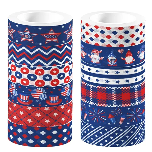 Miniatura 8 de Adirasenotek Washi Tape - Juego de 12 rollos de cinta Washi cinta de embalaje patriótica de la bandera estadounidense, cinta adhesiva de papel