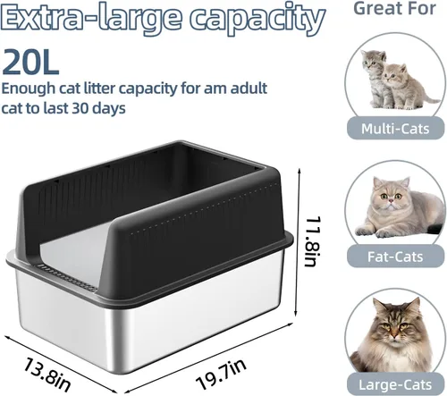 Miniatura 2 de Caja de arena de acero inoxidable para gatos con tapa, XL, 19.7 pulgadas de largo x 13.8 pulgadas de ancho x 11.8 pulgadas de alto, caja de arena