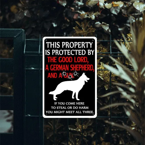 Miniatura 3 de Letrero de Metal Cuidado con el Perro - Letreros de Advertencia Divertidos para Propiedad Protegida por Pastores Alemanes - Letrero de Hojalata