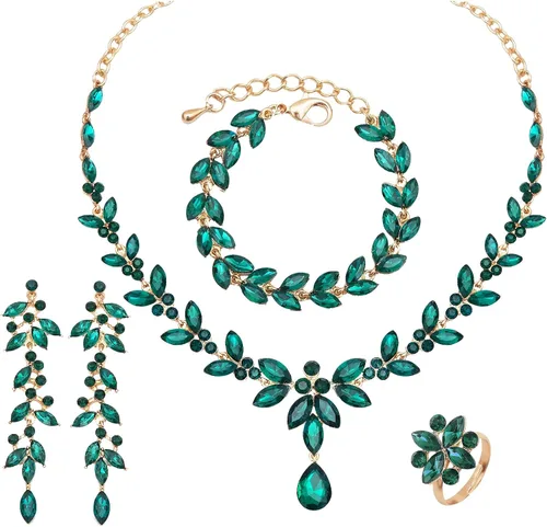 CSY 4 Pcs Elegant Bridal Jewelry Sets Austrian Marquise Crystal Wedding Necklace Dangle Earrings Tennis Bracelet Ring Set for Birde Women Costume