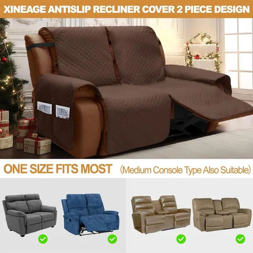 Miniatura 3 de XINEAGE Funda para Loveseat Reclinable Resistente al Agua, Fundas para Loveseat Reclinable de 2 Asientos con Bolsillos, Funda Protectora para Café
