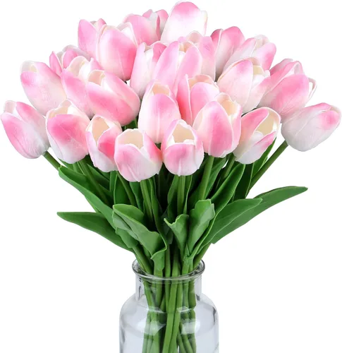 Miniatura 35 de SITUMEIZI 15 piezas de flores blancas artificiales, tulipanes artificiales de poliuretano de 14 pulgadas a granel para el hogar, cocina, Pascua