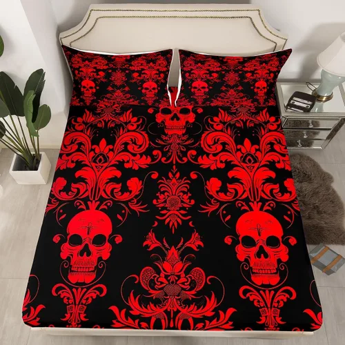 Miniatura 2 de Erosebridal Juego de sábanas de damasco rojo para adultos, sábanas barrocas victorianas antiguas, tamaño Queen, sábanas florales góticas vintage