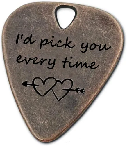 JUPPE Púas de guitarra, púa de guitarra de bronce "I'd Pick You Every Time" con estuche de cuero, regalos de cumpleaños musicales para parejas