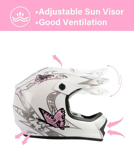 Miniatura 5 de TCT-MOTORPARTS DOT Cascos de Cara Completa para Jóvenes y Niños de Dirt Bike, Motocross ATV Todoterreno, Casco de Cuatro Ruedas, Mariposa Rosa