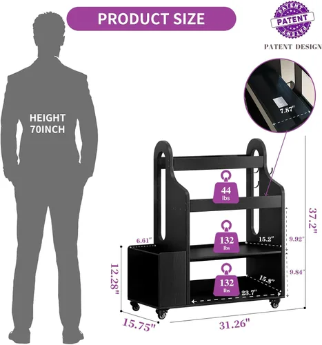 Miniatura 2 de Estante de almacenamiento para gimnasio en casa, soporte para esterilla de yoga con ruedas y ganchos, almacenamiento de entrenamiento todo en uno