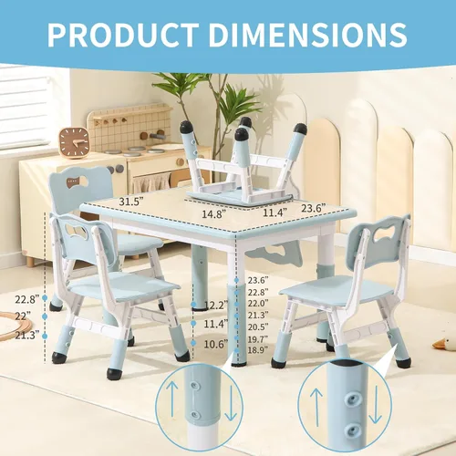 Miniatura 2 de Hulaibit Juego de mesa y sillas para niños, mesa de niños con escritorio de graffiti y 4 sillas, mesa de estudio para niños con altura ajustable