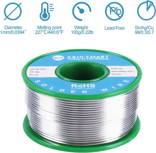 Miniatura 2 de SainSmart Alambre de soldadura sin plomo de 3.53 oz 0.039 in con Rosin2 Sn97 Cu0.7 Ag0.3, soldadura de alambre de estaño para soldadura eléctrica