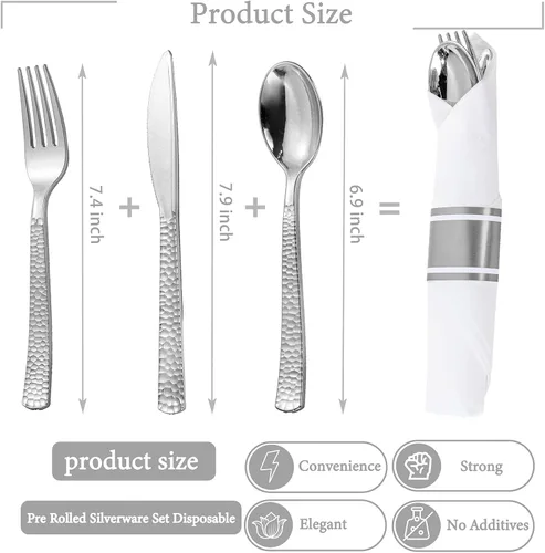 Miniatura 2 de WELLIFE 50 cubiertos de plástico plateado martillado para invitados, servilletas preenrolladas con cubiertos de plata, cubiertos desechables